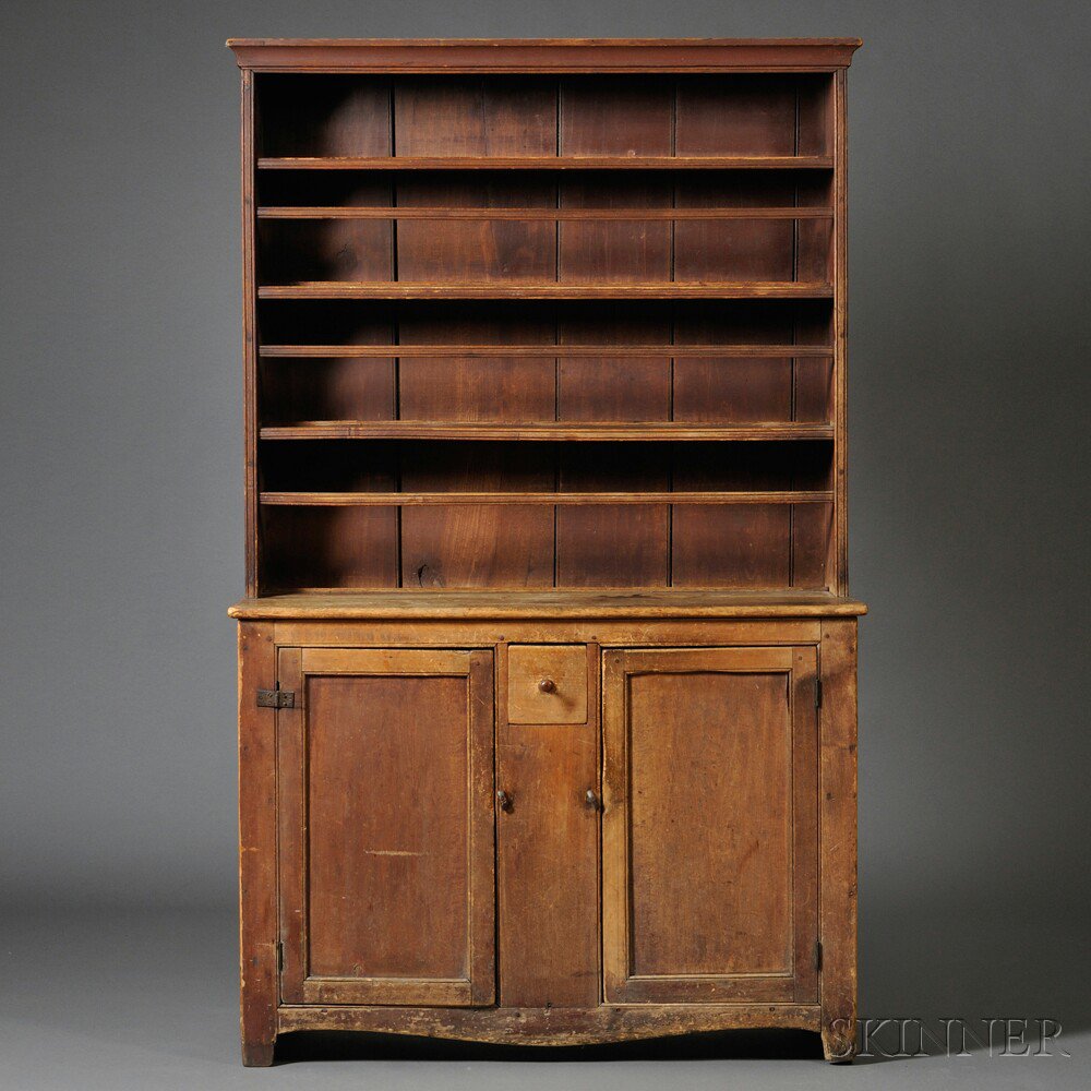 Appraisal: Red-painted Poplar One-piece Open Pewter Cupboard New England th century