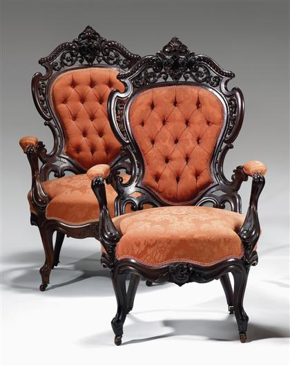 Appraisal: Pair of Rococo Revival rosewood Stanton Hall armchairs j j