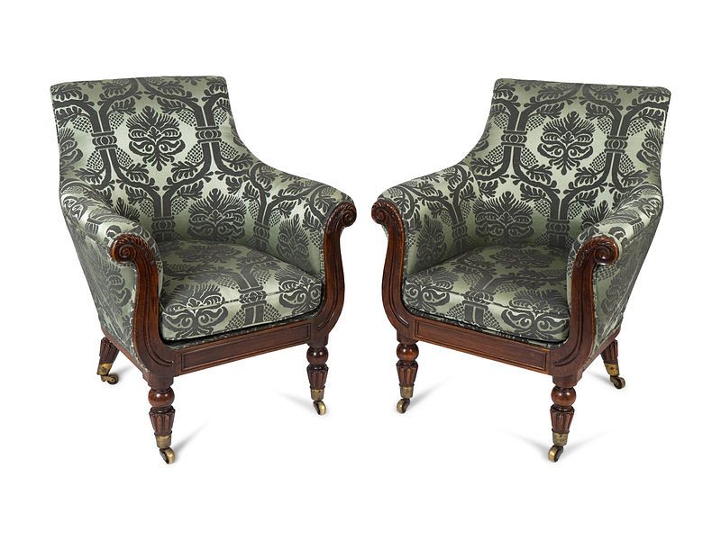 Appraisal: A Pair of Regency Faux Rosewood Upholstered Bergeres Attributed to