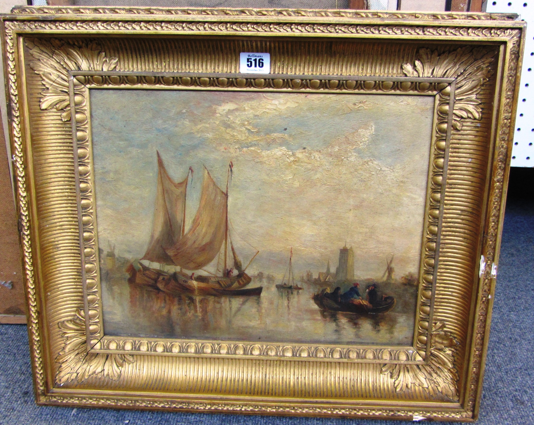 Appraisal: English School th century Fishing boats at sunset oil on