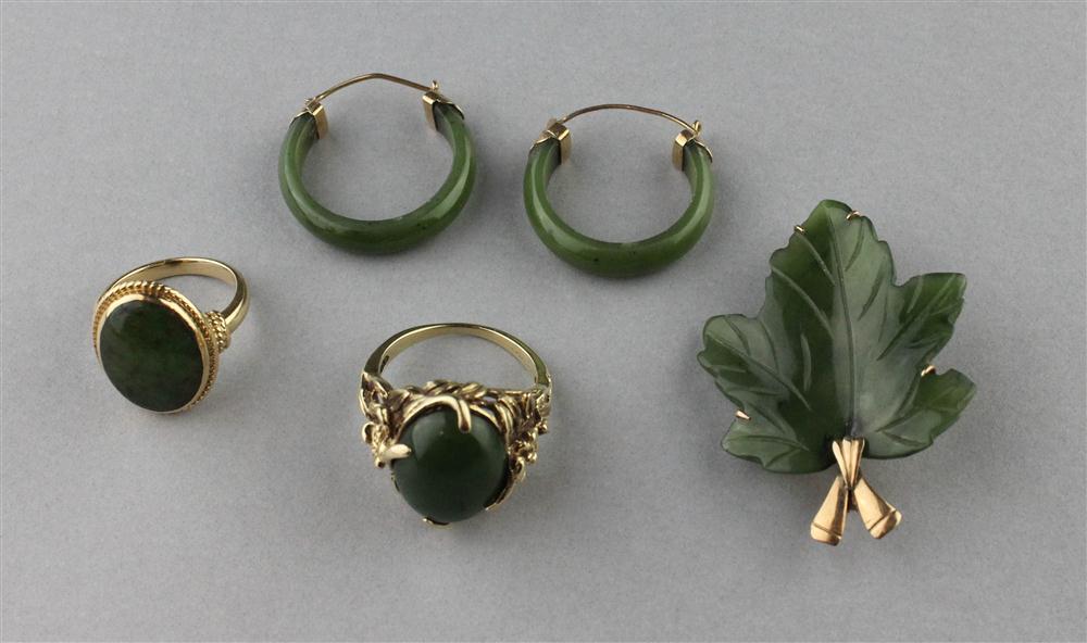 Appraisal: K GOLD AND JADE LEAF PIN TWO K GOLD RINGS