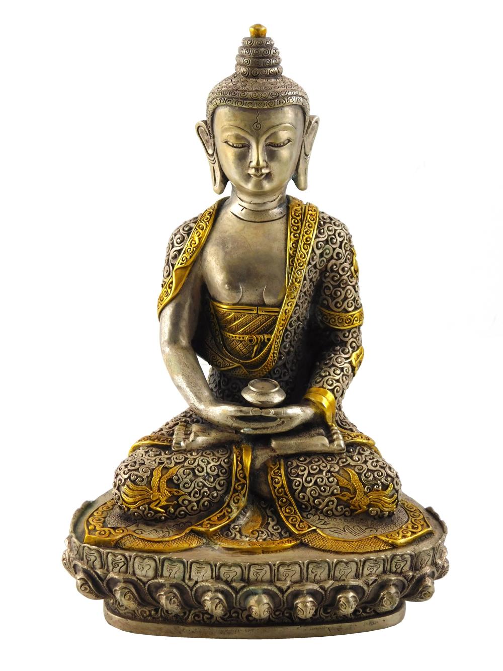 Appraisal: ASIAN SILVERED AND GILT METAL FIGURE OF BUDDHA ASIA TH