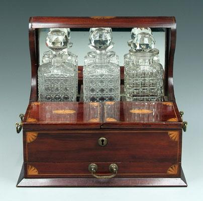 Appraisal: Inlaid mahogany tantalus mirrored back two hinged lids above compartments