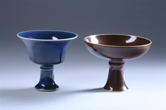 Appraisal: TWO CHINESE MONOCHROME STEM CUPS Jiajing six-character underglazed blue mark