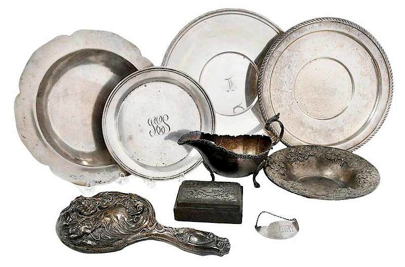 Appraisal: Nine Silver Table Items including three sterling plates Kirk Repousse