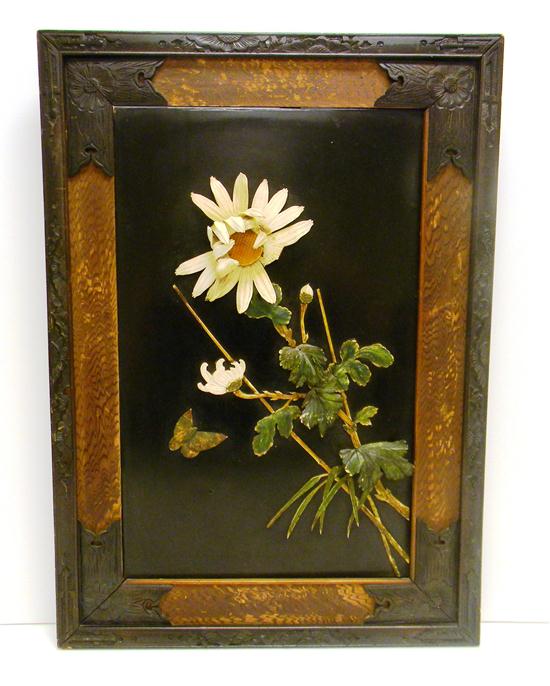 Appraisal: Japanese plaque high relief bone inlay of flower on oblong