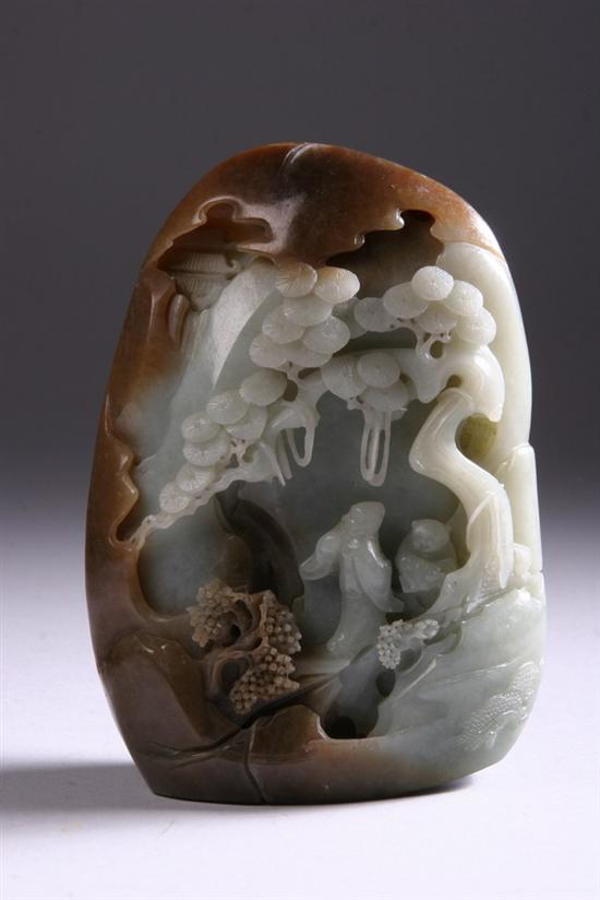 Appraisal: CHINESE CELADON AND RUSSET JADE BOULDER Carved to depict scholars