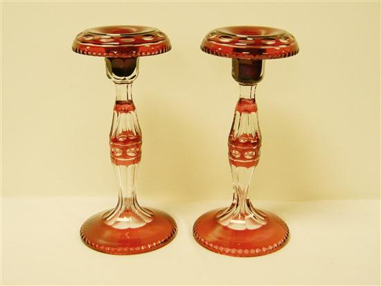 Appraisal: Cranberry cut to clear candlesticks small chip on base ''