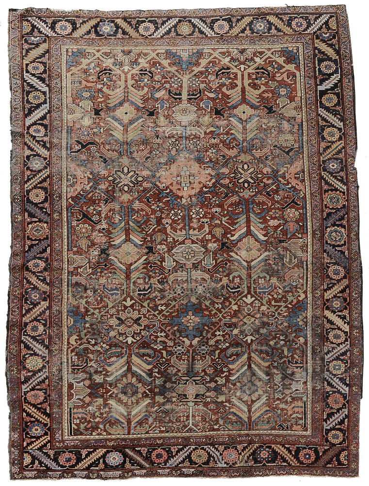 Appraisal: Heriz Carpet Persian th century repeating motifs on brick-red ground