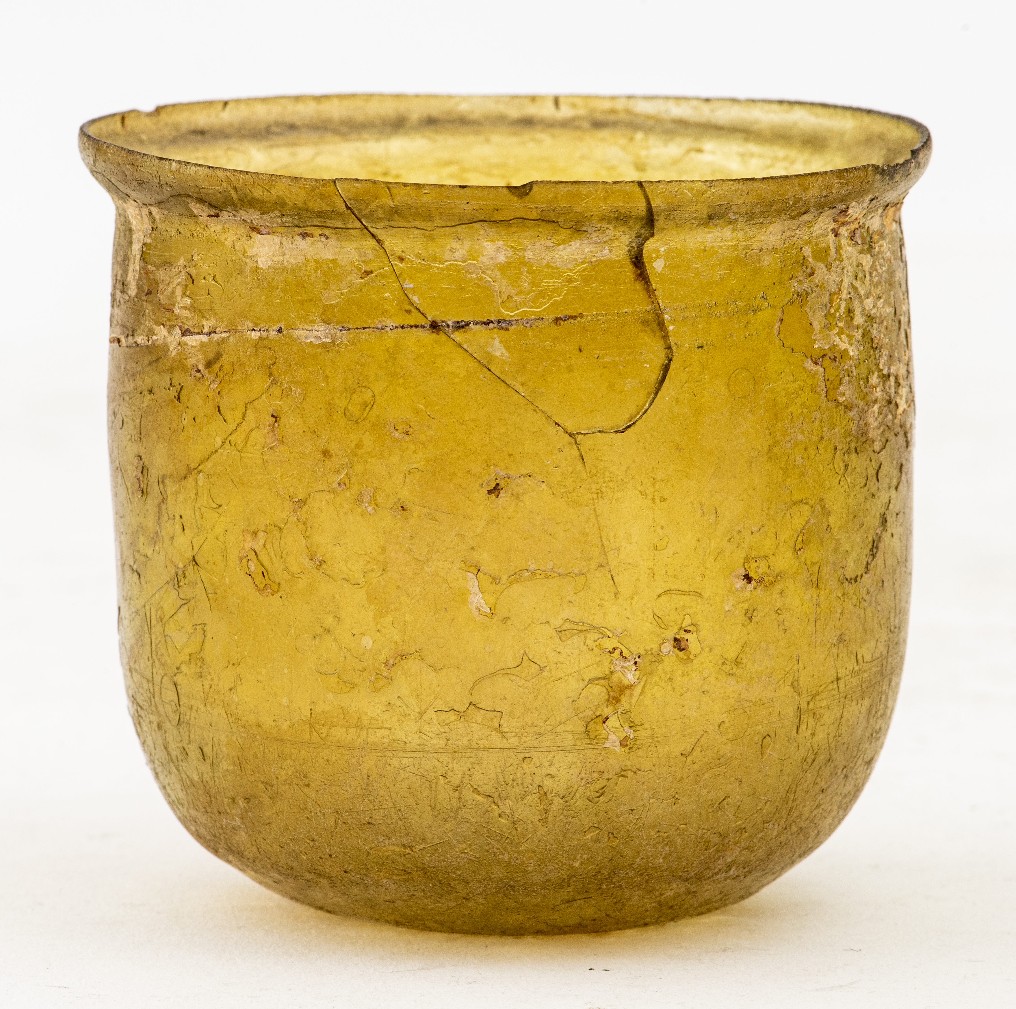 Appraisal: ANCIENT ROMAN GLASS BEAKER Roman yellowish-green glass beaker circa th