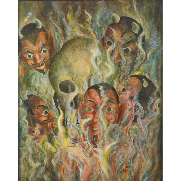 Appraisal: SATANIC PAINTING Oil on board of skull and demonic heads