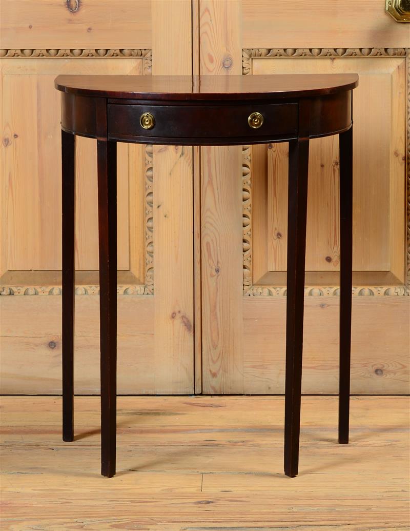 Appraisal: GEORGE III MAHOGANY DEMILUNE SIDE TABLE Fitted with one drawer