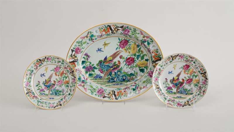 Appraisal: CANTON ROSE MEDALLION PORCELAIN OVAL PLATTER AND TWO MATCHING PLATES