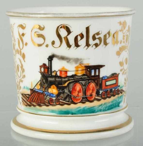 Appraisal: Early Locomotive Shaving Mug Description Gilt name F G Relsea