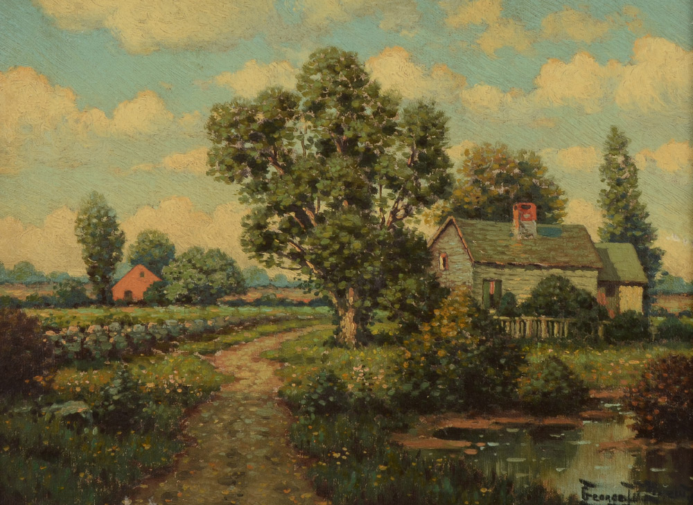 Appraisal: DREW George American - Cottage Landscape on the River Oil