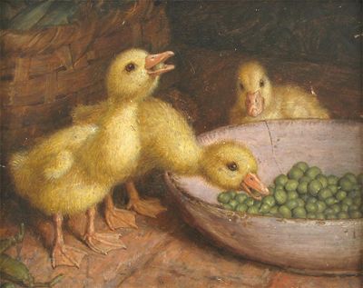 Appraisal: English School th Century Ducklings eating peas from a bowl