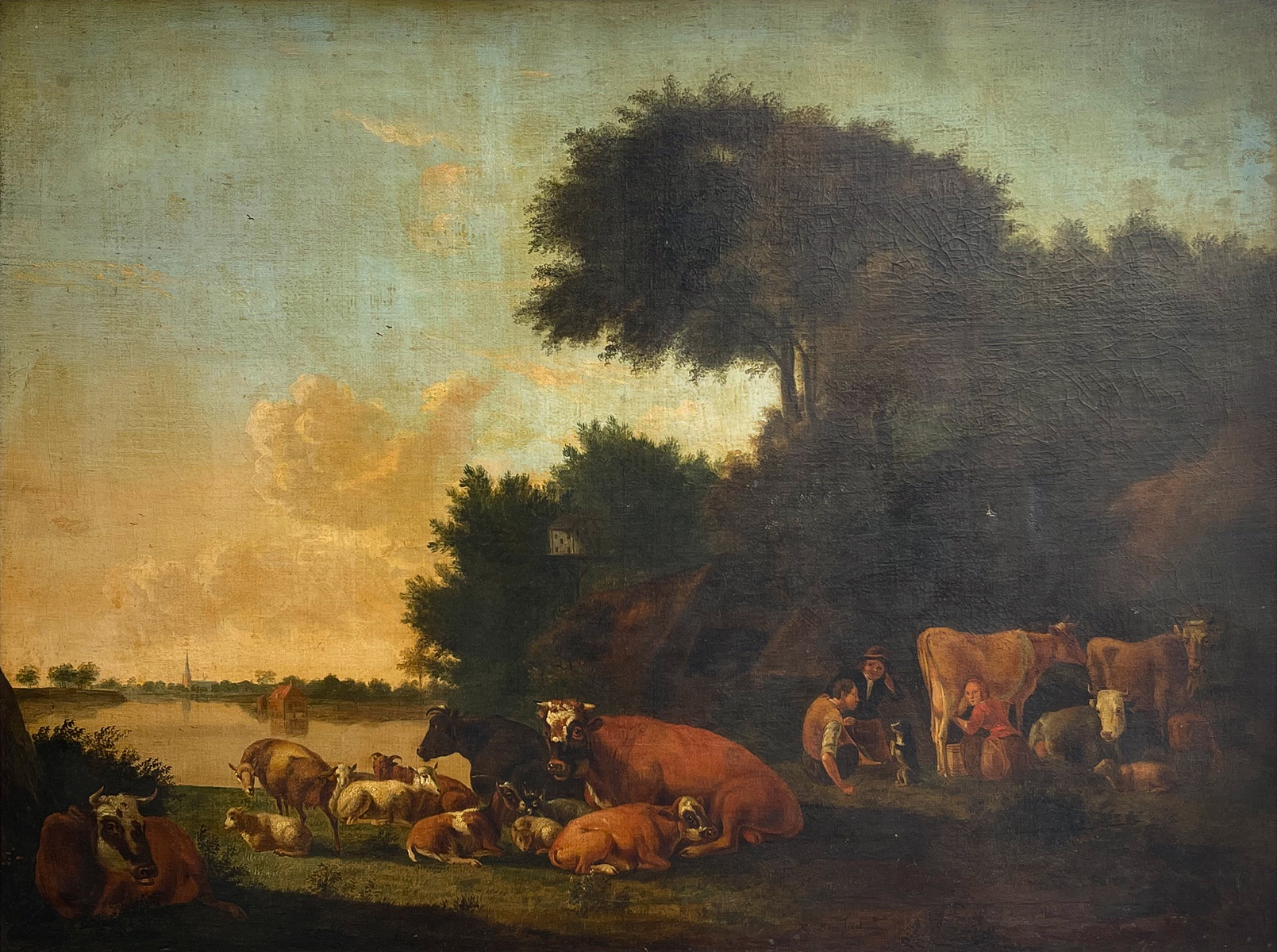 Appraisal: EARLY DUTCH PAINTING WITH BARNYARD ANIMALS SIGNED ROOS Depicts cows