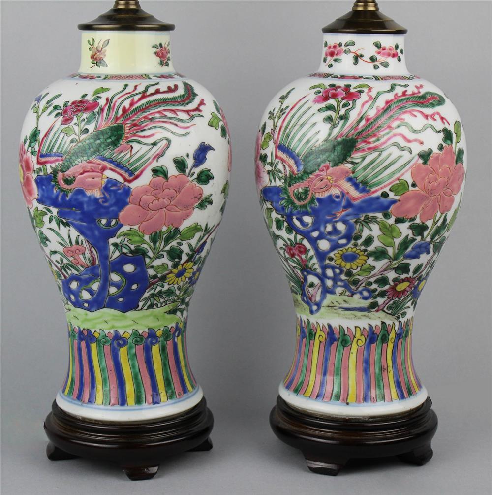 Appraisal: PAIR OF SAMSON FAMILLE ROSE HIGH SHOULDERED VASES NOW MOUNTED