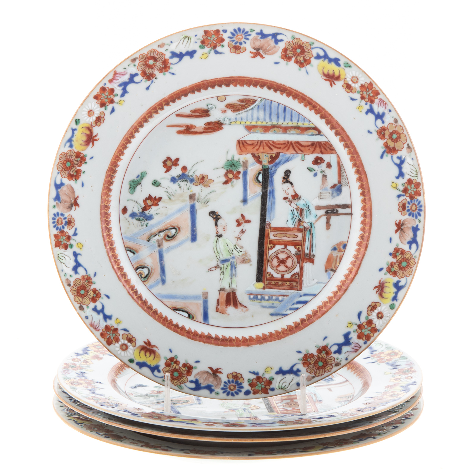 Appraisal: FOUR CHINESE EXPORT POLYCHROME PLATES Yongzhen circa elaborate floral and