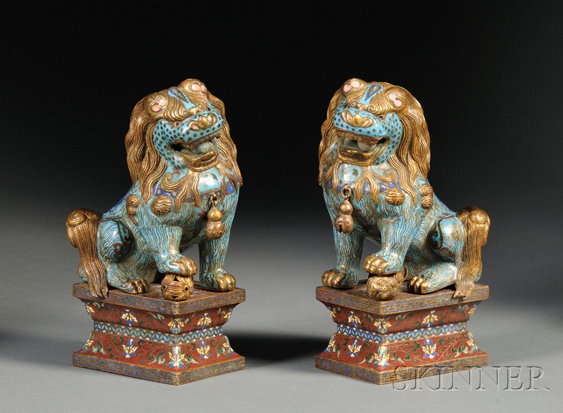 Appraisal: Pair of Foo Dogs China late th century cloisonne enamel