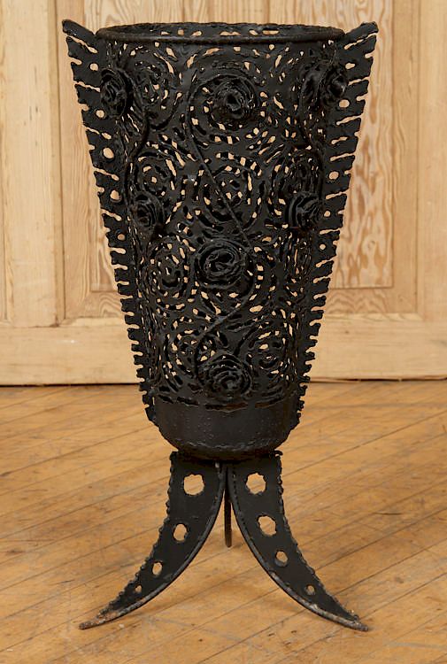 Appraisal: ART DECO OPENWORK IRON UMBRELLA STAND C An Art Deco