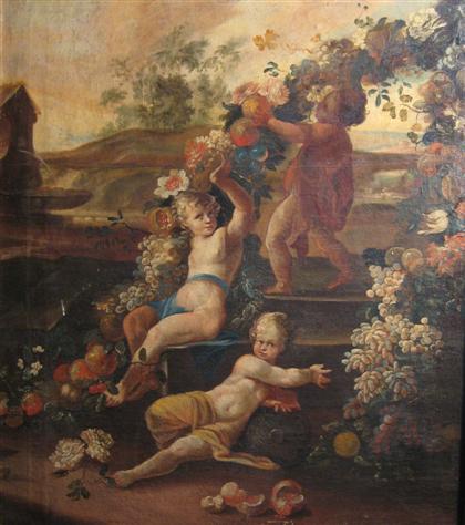 Appraisal: CONTINENTAL SCHOOL th century PUTTI IN LANDSCAPE WITH FRUIT AND