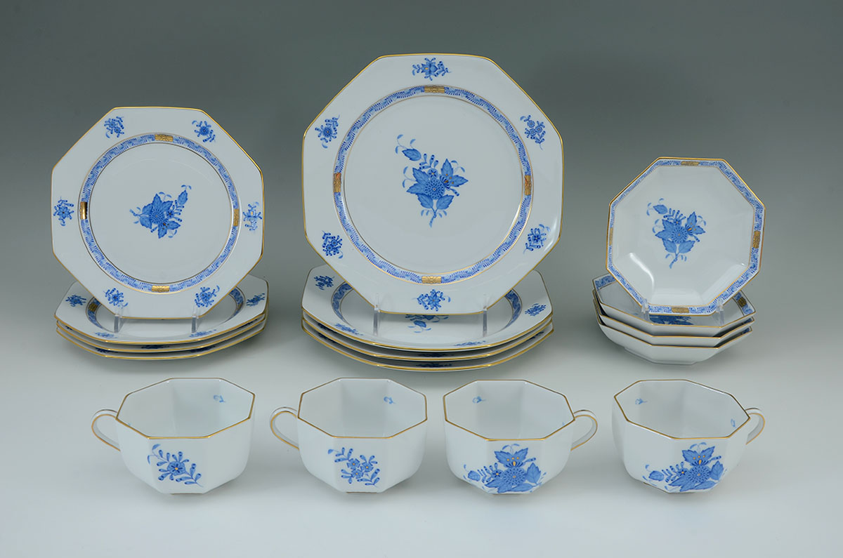 Appraisal: HEREND CHINESE BOUQUET BLUE OCTAGON CHINA FOR piece luncheon place