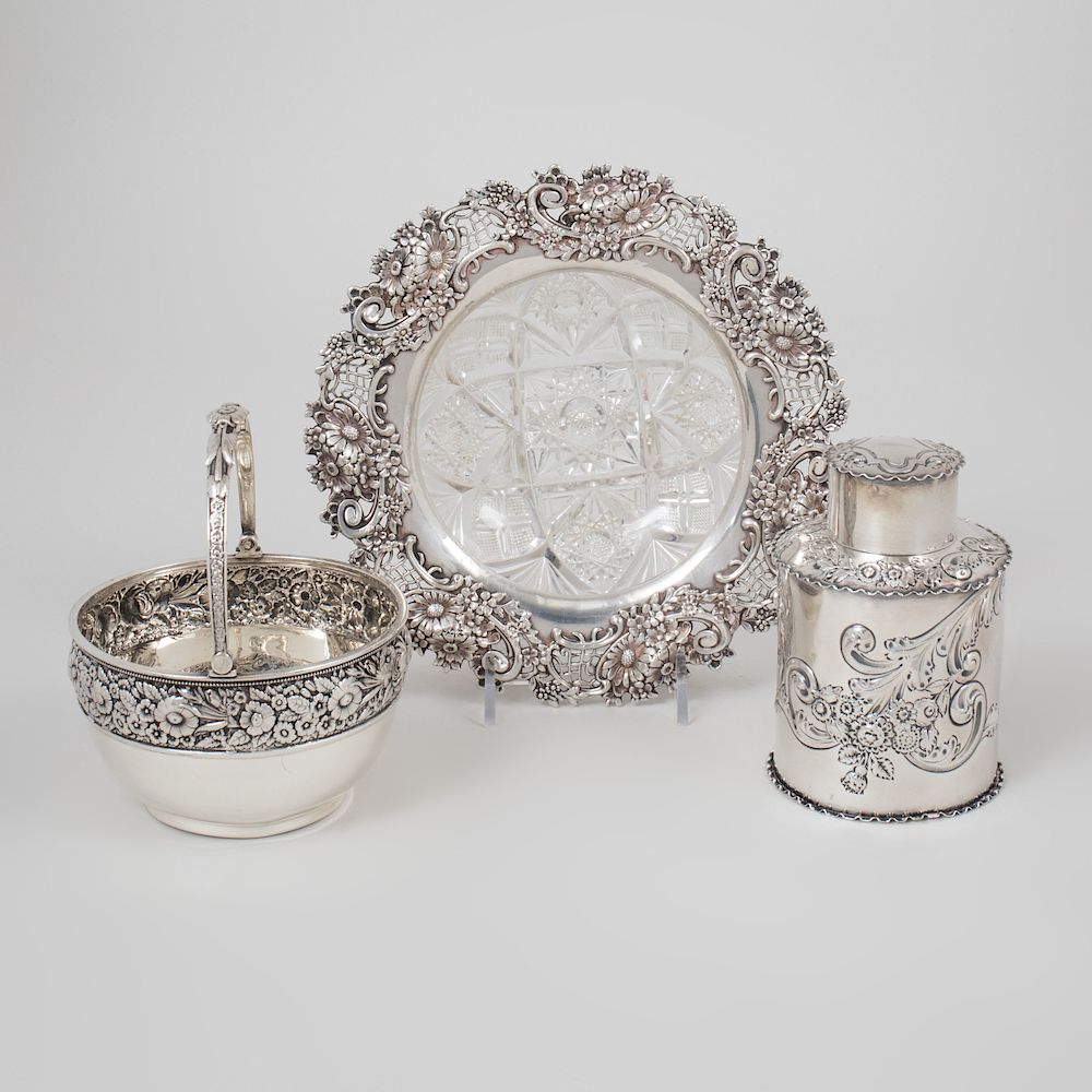 Appraisal: Three Flower Repouss Silver Articles Comprising A English Tea Caddy