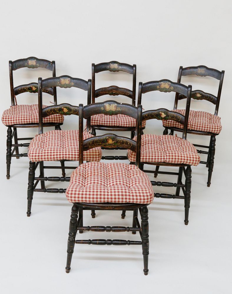 Appraisal: Six Country Decorated Caned Seat Chairs th Century Set of