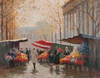 Appraisal: V Chevalier Oil on Canvas Flower Market Vincent Chevalier French