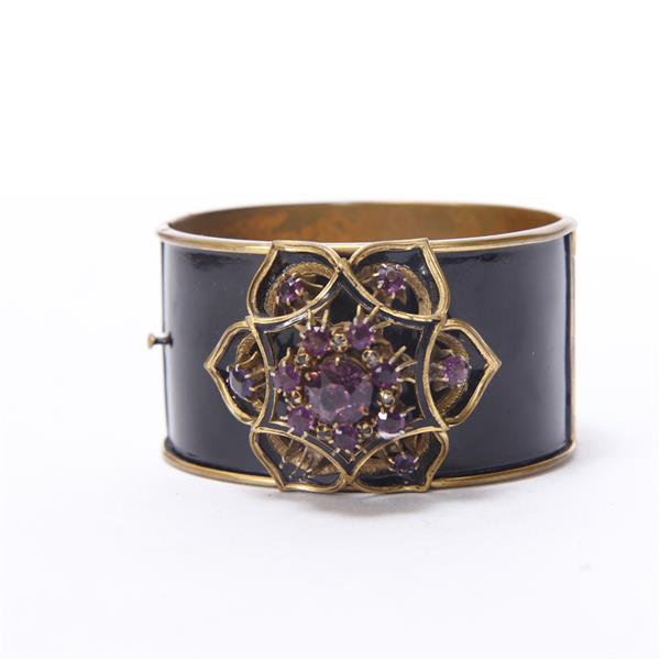 Appraisal: Schiaparelli Enameled Gold Tone applied Flower Cuff Bracelet with Amethyst