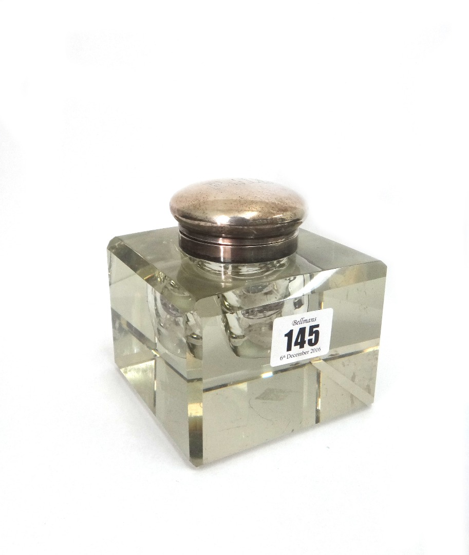 Appraisal: A large silver mounted square block glass inkwell John Grinsell