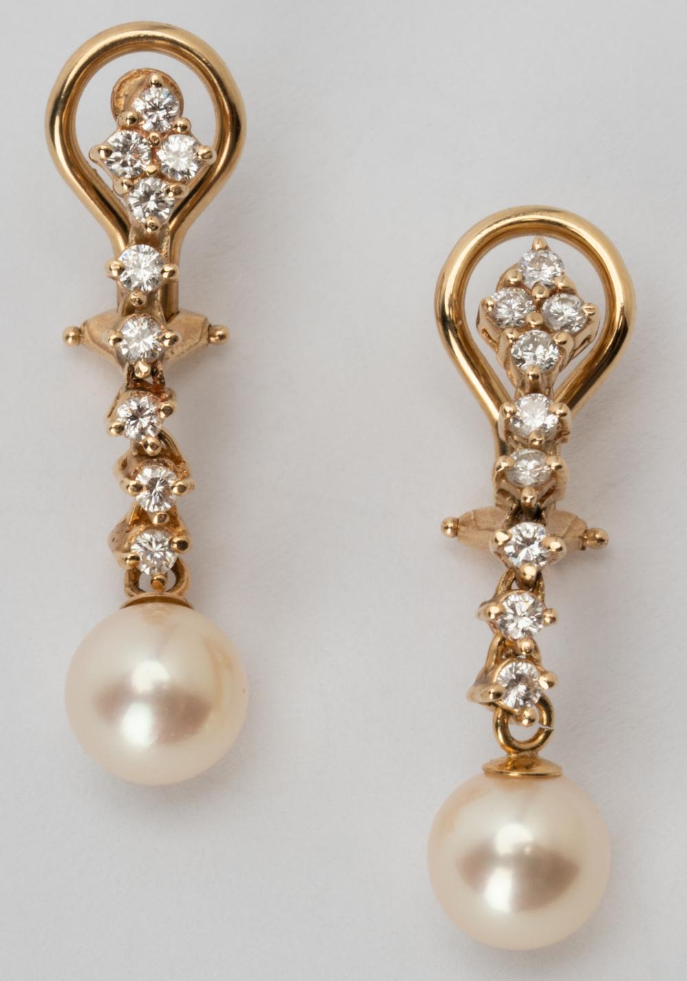 Appraisal: PAIR OF KARAT YELLOW GOLD DIAMOND CULTURED PEARL EARRINGSContaining two