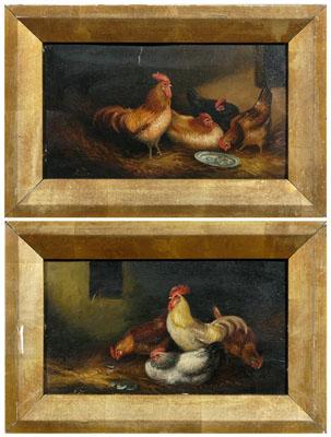 Appraisal: Pair th century paintings chickens hens and roosters feeding and