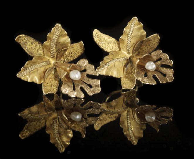 Appraisal: Pair of Fourteen- and Eighteen-Karat Gold and Pearl Floral Earrings