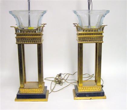 Appraisal: Pair of brass and glass squared columnar lamps th century