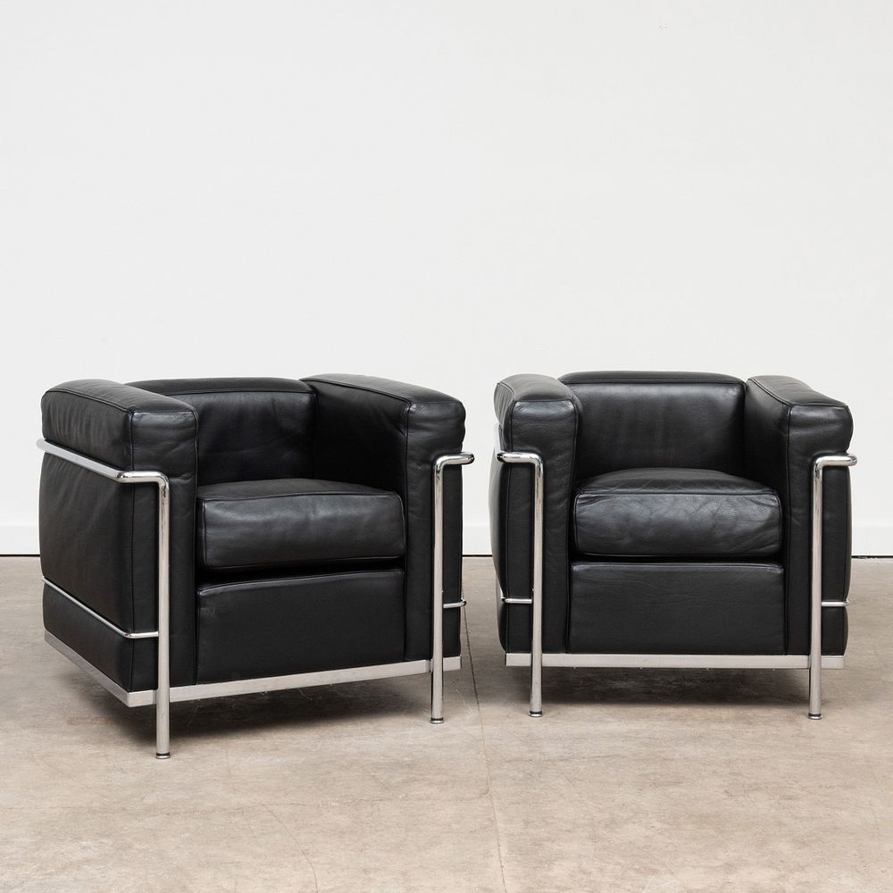 Appraisal: Pair of Leather and Chrome Le Corbusier 'LC ' Chairs