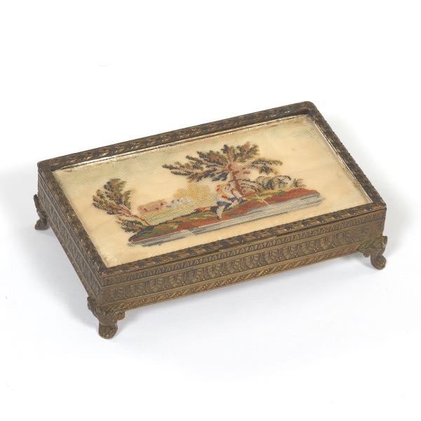 Appraisal: AUSTRIAN ANTIQUE GILT BRONZE VANITY BOX WITH EARLY NEEDLEWORK x