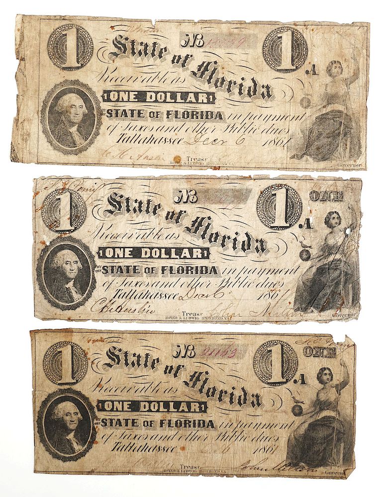 Appraisal: CONFEDERATE CURRENCY Florida note Three copies of same note printed