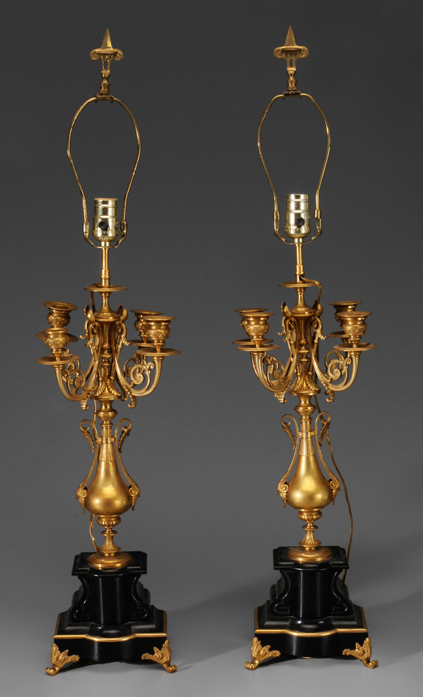 Appraisal: Pair French Victorian Gilt Brass and Slate Candelabra Lamps late