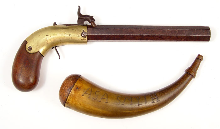 Appraisal: 'S PERCUSSION PISTOL AND IDENTIFIED POWDER HORN Circa 's American