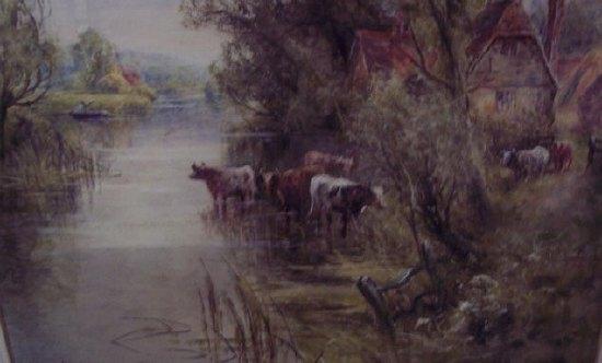 Appraisal: Henry John KinnairdCattle Beside a River with a Cottage Beyondsignedwatercolour