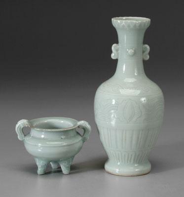 Appraisal: Two pieces Chinese celadon tripod censer beast handles and feet