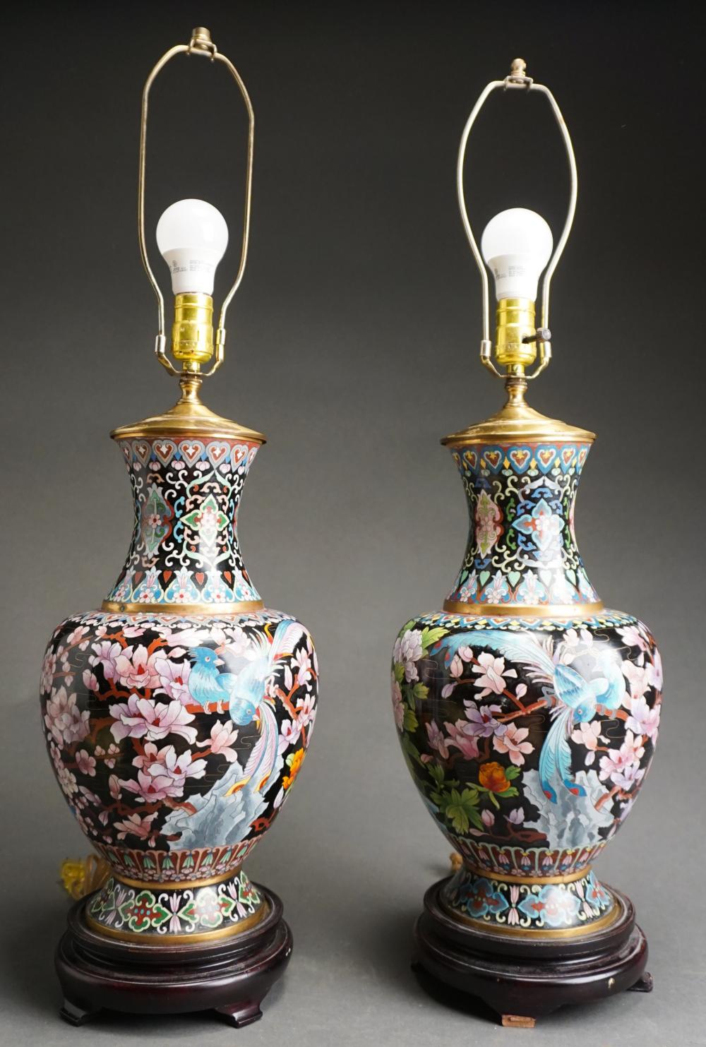 Appraisal: Pair Chinese Cloisonne Vases Mounted as Lamps H in cm