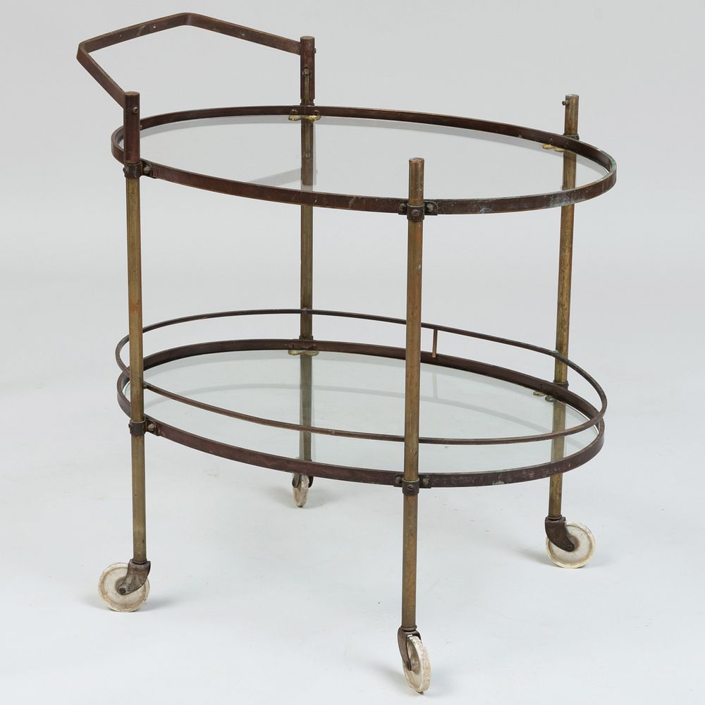 Appraisal: Edwardian Style Brass and Glass Two-Tier Bar Cart x x