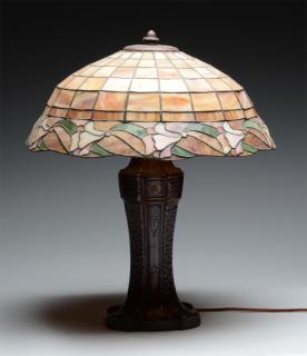 Appraisal: Arts Crafts Mission Style Lamp w Leaded Glass Shade Nice