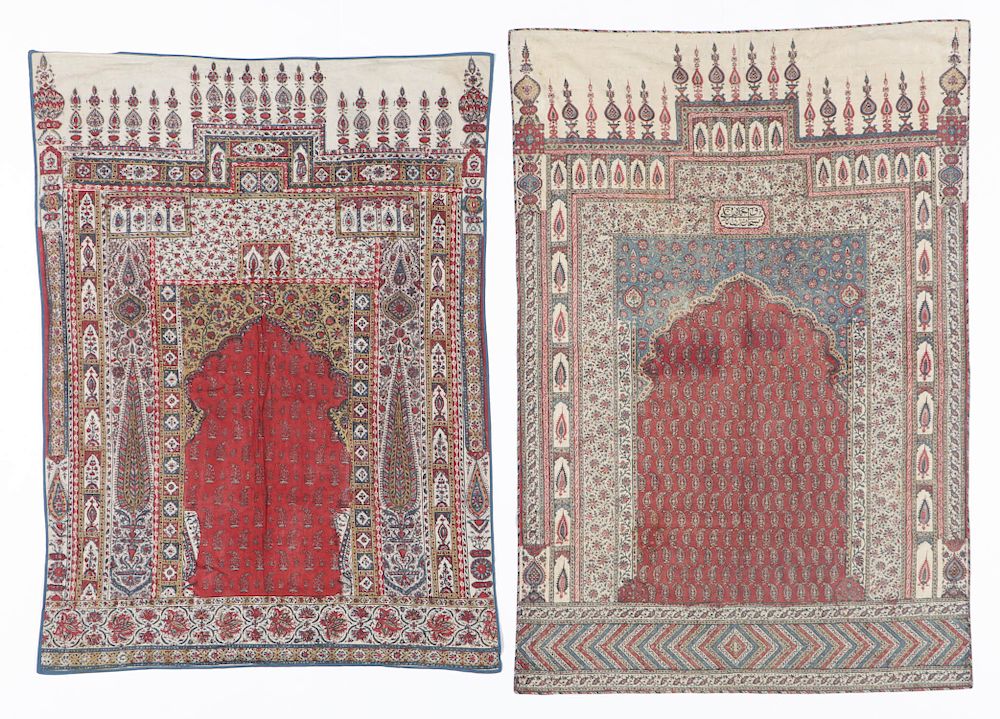 Appraisal: Persian Block Printed Textiles Prayer Cloths with central red mihrab