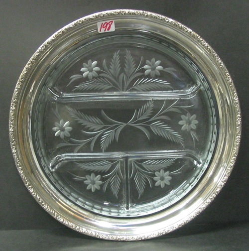 Appraisal: A STERLING SILVER AND ENGRAVED CRYSTAL SERVING PLATTER The wide