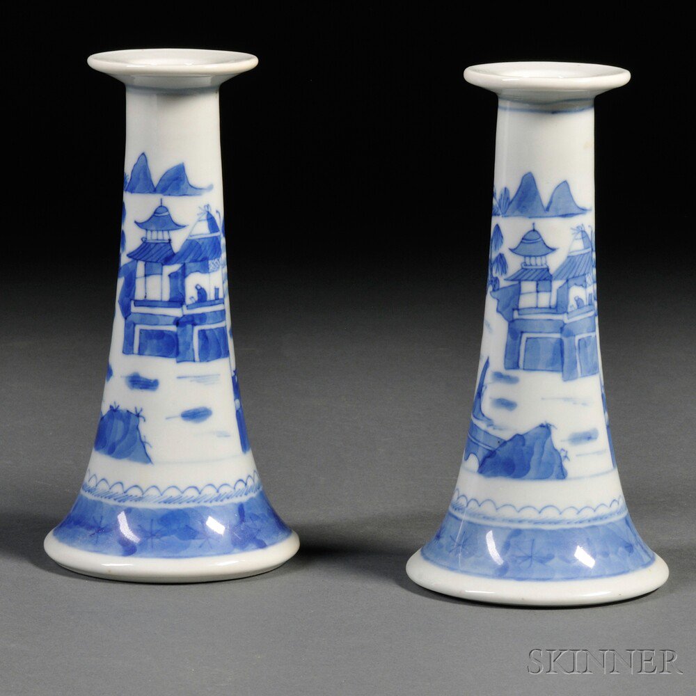 Appraisal: Pair of Canton Porcelain Candlesticks China late th century trumpet-shaped