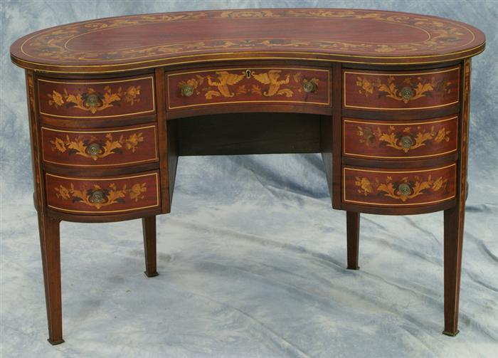 Appraisal: Oval marquetry inlaid kidney shaped kneehole desk floral and mask